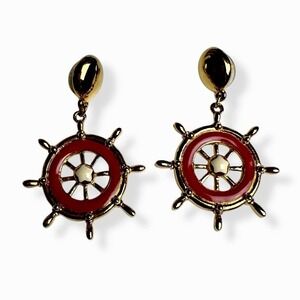 NEW Avon Vintage Helm Dangle Set of Earrings Red Enamel Gold Tone 1980s Nautical